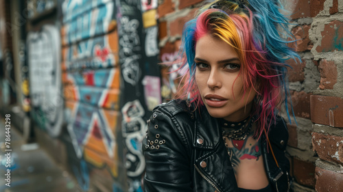 Woman with colorful hair by graffiti wall