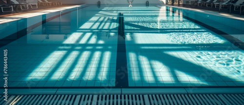 Sunlight filters through a window, casting elongated shadows on the tiled floor of an indoor pool, highlighting tranquility and clean lines.