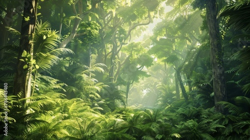 Green tropical forest where tall trees with bright green foliage