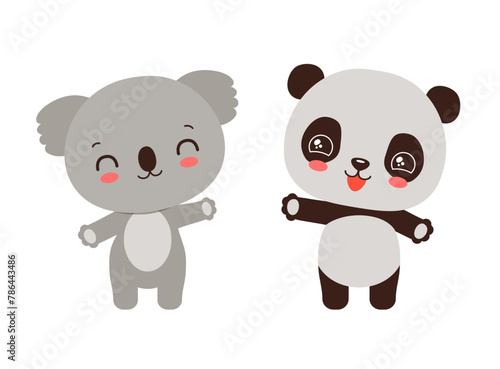 Kawaii panda and koala cute animals. Anime chibi cartoon animal characters. Adorable chinese panda bear and koala australian bear smiling waving. Baby children vector illustration flat design.