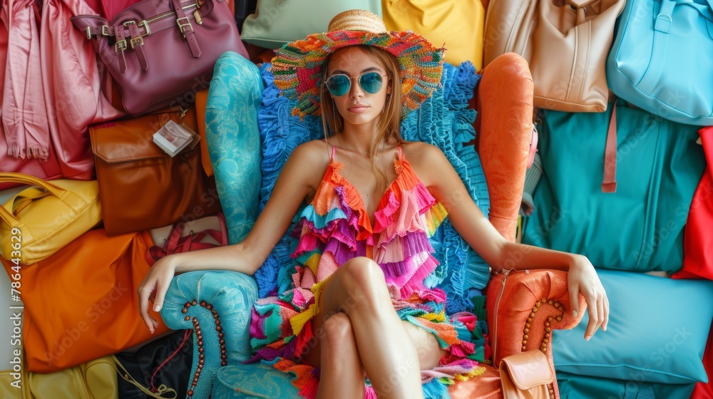 Fashion model sitting on a life size chair which is made up of all fashion elements, like handbags, summer clothes, fashion accessories