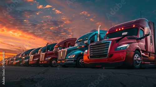 A row of modern trucks on a resting station. at sunset sky in the background.