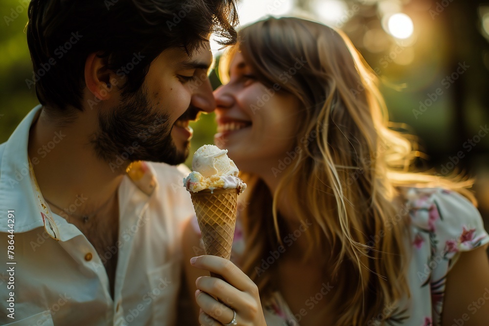 Young couple sharing ice cream while enjoying sunny weather outdoors kissing Young couple sharing ice cream while enjoying sunny weather outdoors kissing