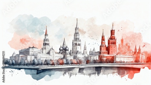 Kremlin and Moscow cityscape double exposure contemporary style minimalist artwork collage illustration.