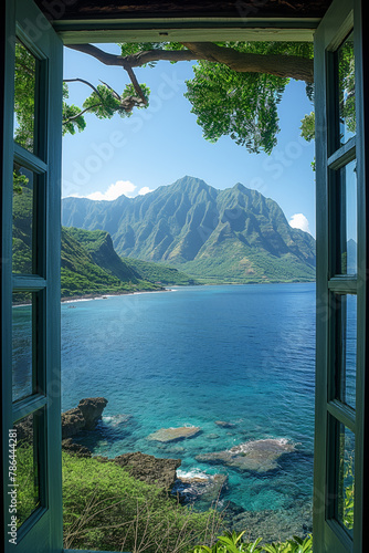 Offenes Fenster oder Tür mit Meerblick, Kalaupapa, Molokai, Hawaii