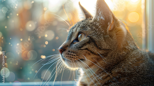 Cat gazing through a sunny window.