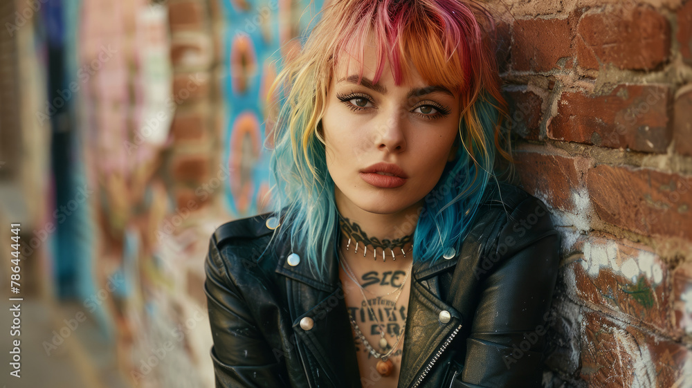 Young woman with colorful hair and tattoos