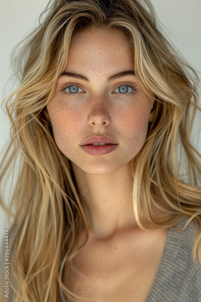 Woman with long blonde hair and blue eyes Woman with long blonde hair and blue eyes