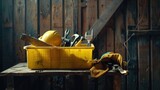 A yellow plastic tool box full of construction tools.