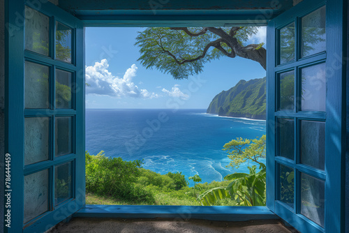 Offenes Fenster oder T  r mit Meerblick  Kalaupapa  Molokai  Hawaii