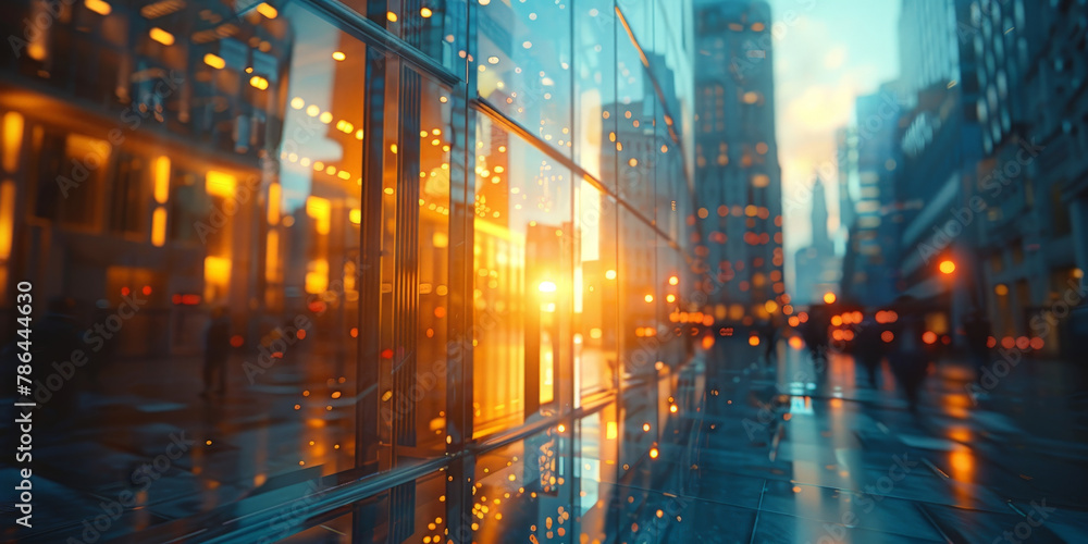 Fototapeta premium modern glass building with a motion blur effect and sunlight reflections on the surface, Blurred glass wall of modern business office building