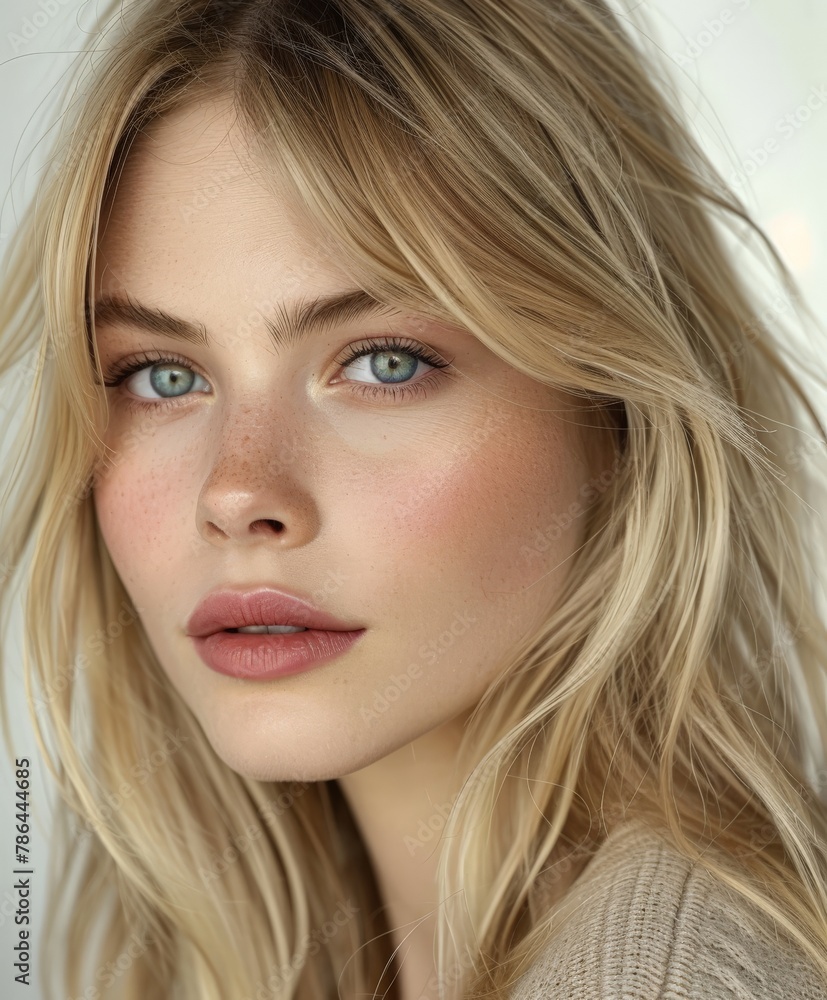 Woman with long blonde hair and blue eyes Woman with long blonde hair and blue eyes