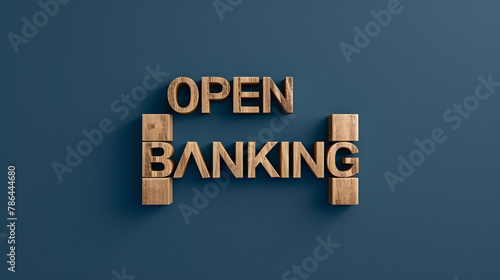 "Open Banking" lettering composed of wood blocks on a dark blue background, in a simple and minimalist style. 