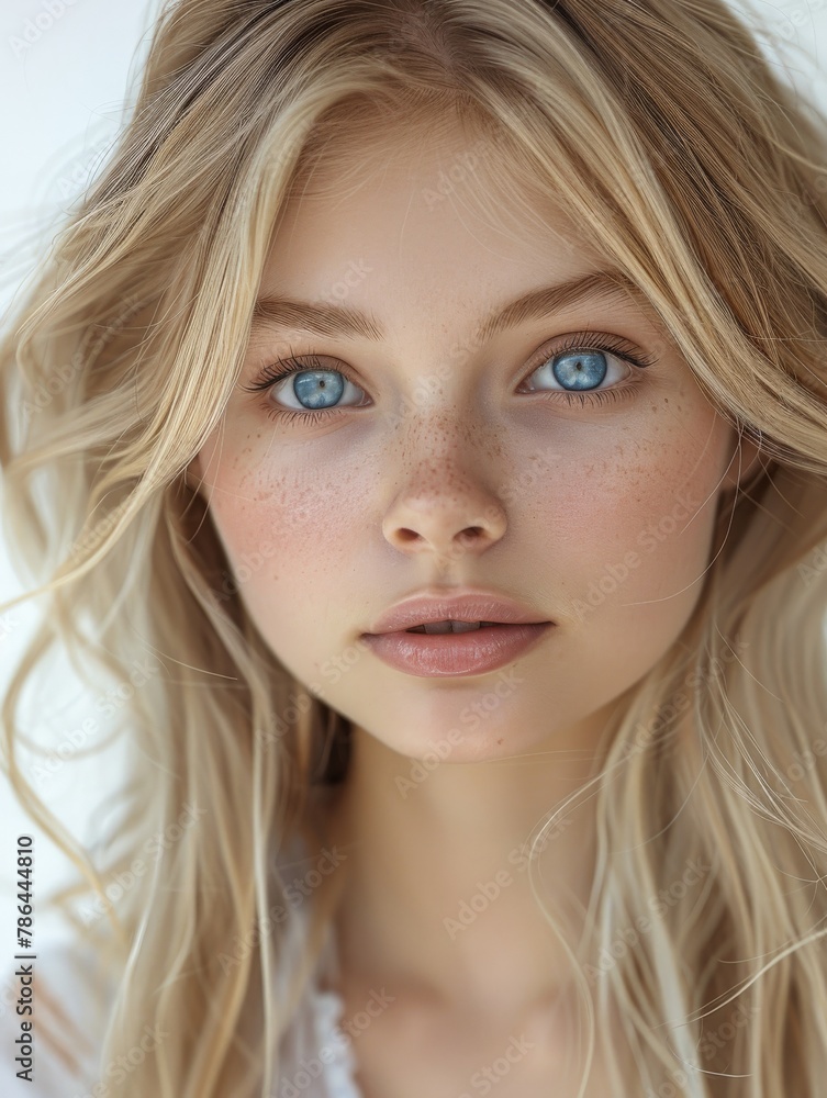 Woman with long blonde hair and blue eyes Woman with long blonde hair and blue eyes