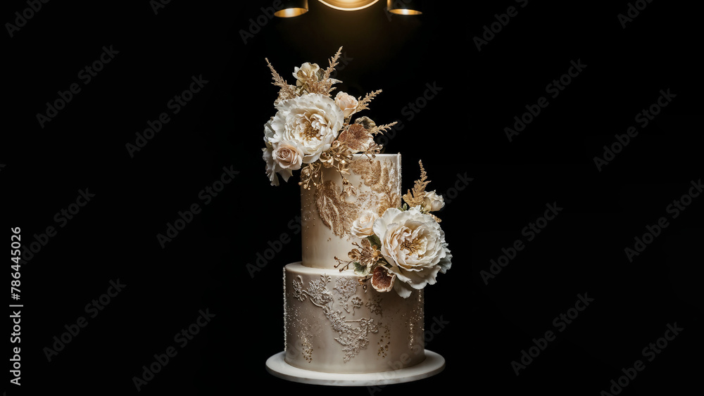 Elegance and Luxury: Wedding Cake Decorated with Intricate Gold Details and White Roses. Isoaldo on Black Background.