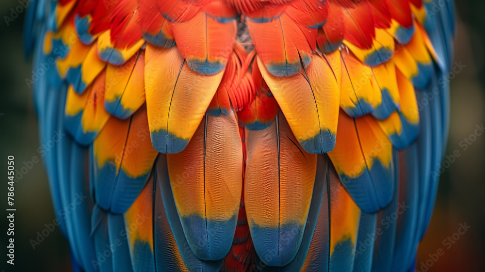 Fototapeta premium Colorful parrot feathers close-up.