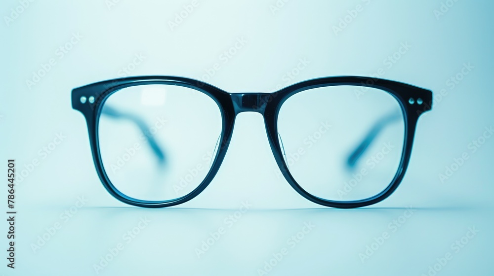 Glasses with a black frame placed against white background Front view with space for text