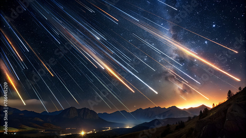 A surreal shot of a meteor shower streaking across the night sky, with bright trails of light cutting through the darkness like celestial fireworks