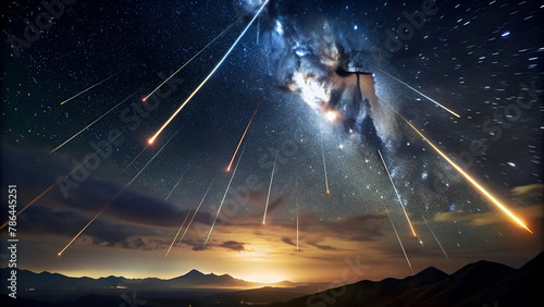 A surreal shot of a meteor shower streaking across the night sky, with bright trails of light cutting through the darkness like celestial fireworks