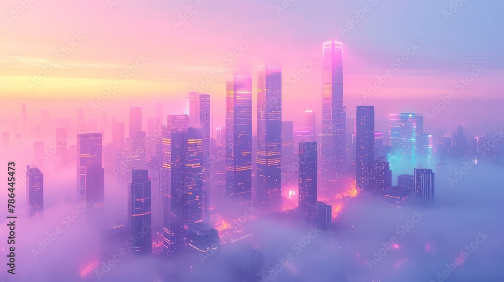 Synthwave cityscape at dawn, with skyscrapers bathed in pastel colors, blending the tranquility of early morning