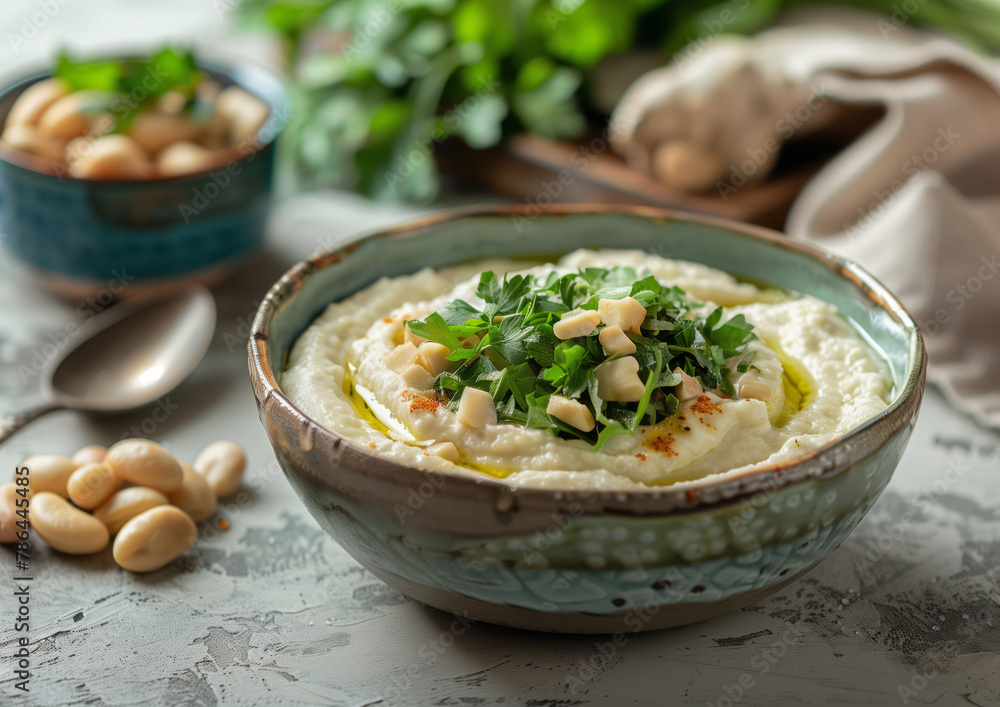 white beans paste and parsley in the bowl on the light table white beans paste and parsley in the bowl on the light table