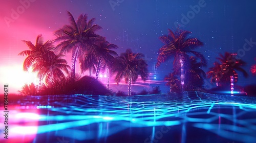 Synthwave rendition of a tropical island  with pixelated palm trees  digital waves  and a glowing horizon