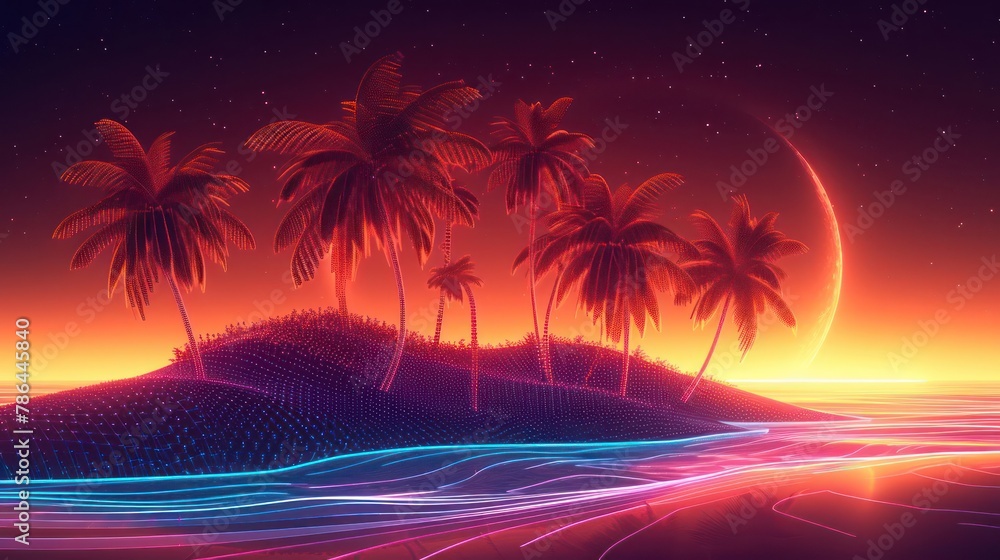 Synthwave rendition of a tropical island, with pixelated palm trees, digital waves, and a glowing horizon