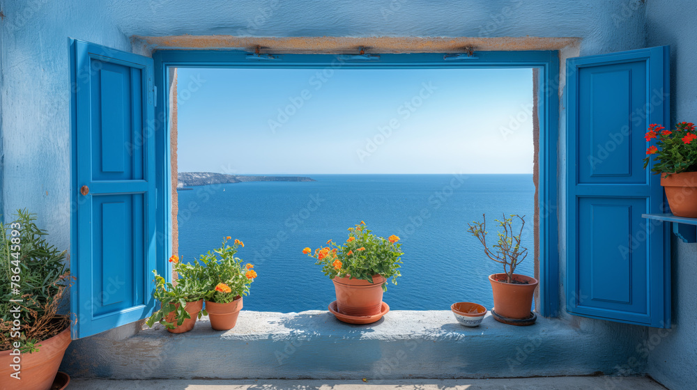 Offenes Fenster oder Tür mit Meerblick, Santorin, Greece Offenes Fenster oder Tür mit Meerblick, Santorin, Greece