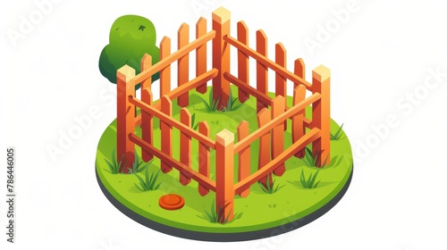 Isolated Wooden Icon of Isometric Garden Fence on White Background with Orange Circle Button