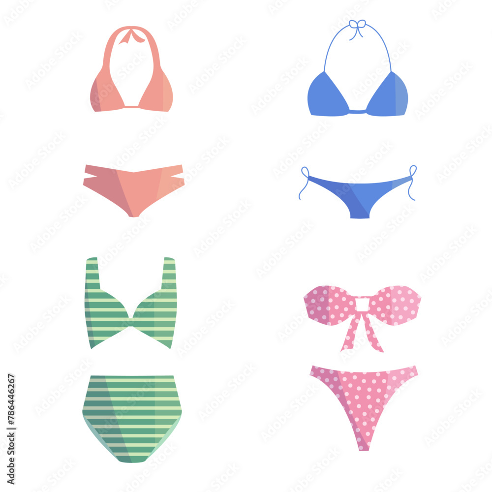 Swimsuit collection. Bikini set. Summer clothes, beach style, pool wear. Female fashion. Pink, blue, green bikini.