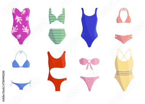 Swimsuit collection. Bikini set. Summer clothes, beach style, pool wear. Female fashion.