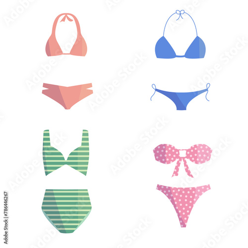 Swimsuit collection. Bikini set. Summer clothes, beach style, pool wear. Female fashion. Pink, blue, green bikini. photo