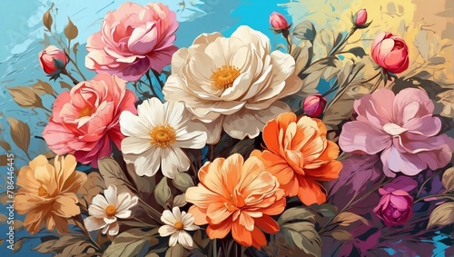 Flowers on a colorful background. Impressionism style artwork.