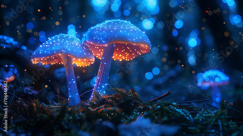 Bioluminescent fungi in a forest at night, science and technology, copy space