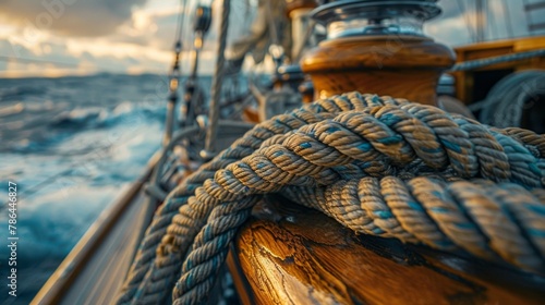 Close-up of a mooring rope with a knotted end tied around a cleat on a wooden pier/ Nautical mooring rope. photo