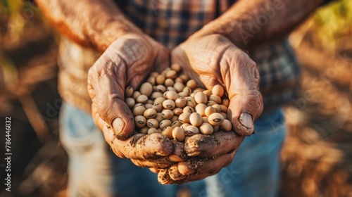 A close-up shot of the farmer's hands holding soybean seeds before planting.