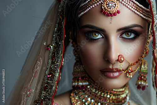 Indian beauty eyes with perfect make up wedding bride, Portrait of a beautiful woman in traditional ethnic Pakistani bridal costume with heavy jewellery, gray background photo