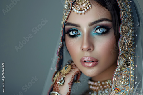 Indian beauty eyes with perfect make up wedding bride, Portrait of a beautiful woman in traditional ethnic Pakistani bridal costume with heavy jewellery, gray background photo