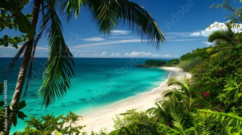 Vibrant and Captivating Tropical Beach Oasis with Serene Turquoise Waters and Lush Palm Fronds