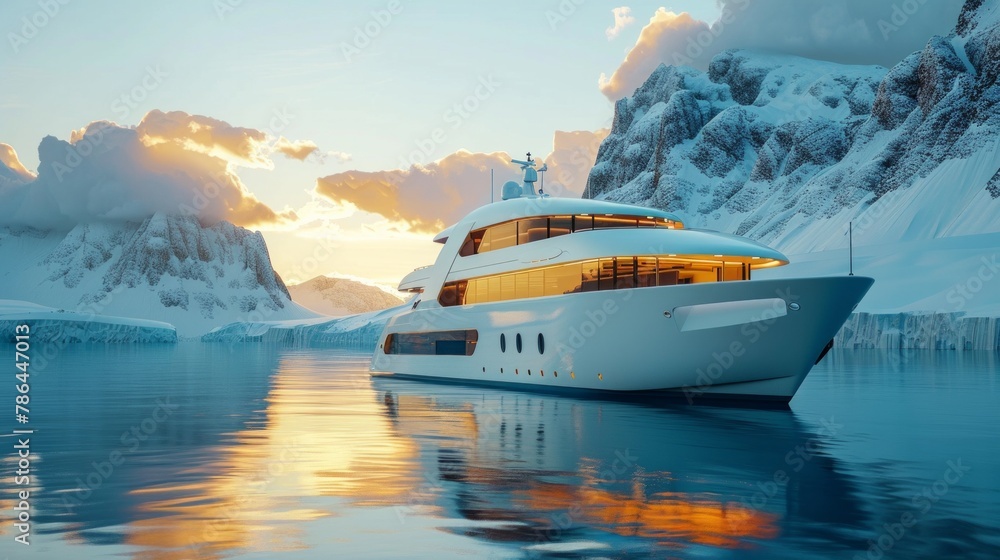 Luxury xplorer yacht with winter mountain background