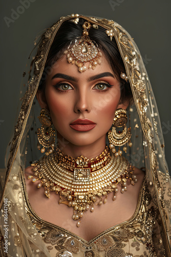 Indian beauty eyes with perfect make up wedding bride, Portrait of a beautiful woman in traditional ethnic Pakistani bridal costume with heavy jewellery, gray background