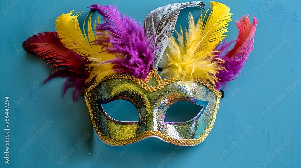 Glittering Carnival Mask with Vibrant Feathers and Sequins Festive Mardi Gras Accessory