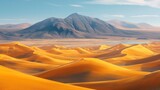 untouched desert landscape with rolling sand dunes, a clear sky, and a lone oasis