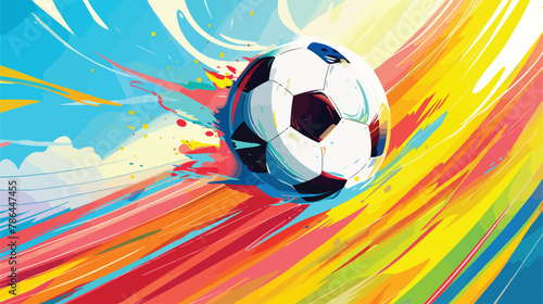 Stylized soccer ball soaring over field towards goal.