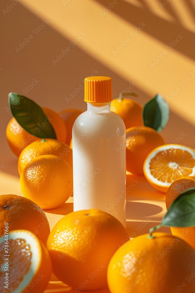 A bottle of lotion is on a table with oranges A bottle of lotion is on a table with oranges