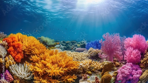 underwater coral reef teeming with vibrant marine life, showcasing the breathtaking biodiversity of the ocean depths