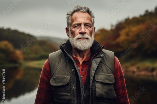 Portrait of a blissful man in his 60s dressed in a water-resistant gilet over quiet countryside landscape