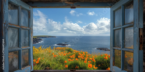 Offenes Fenster oder Tür mit Meerblick, St. John’s Head, Orkneys, Scotland