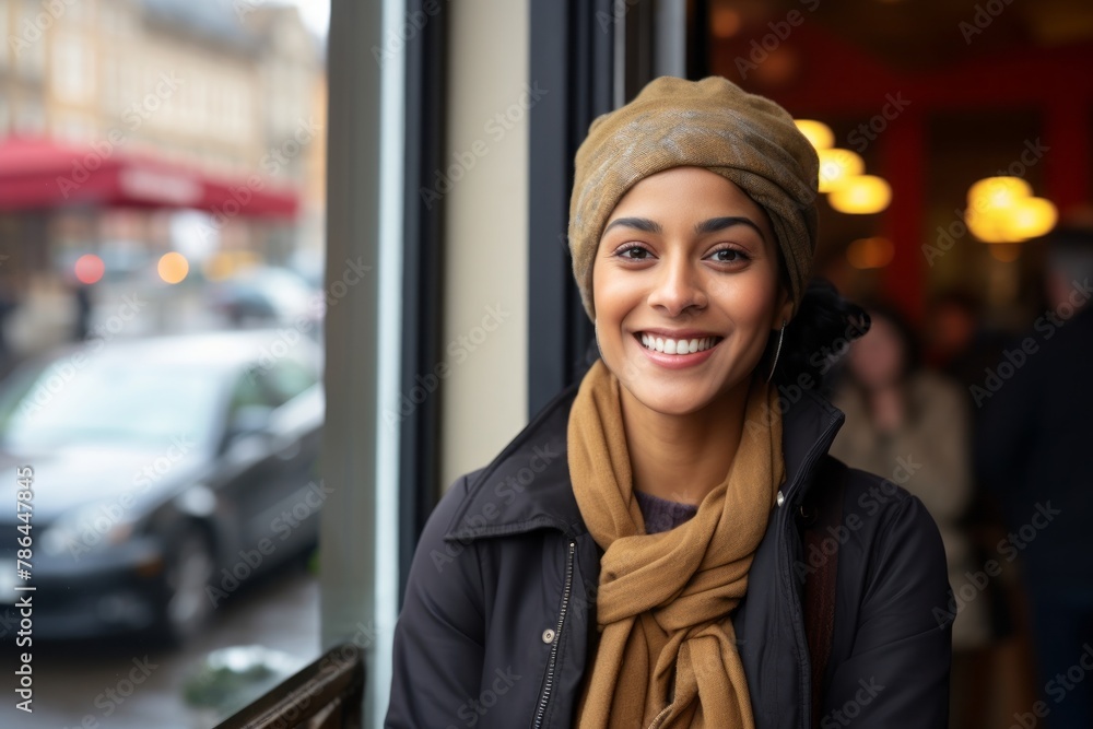 Portrait of a grinning indian woman in her 30s sporting a trendy beanie in front of bustling city cafe Portrait of a grinning indian woman in her 30s sporting a trendy beanie in front of bustling city cafe