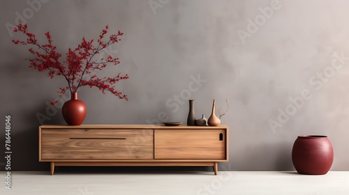 Asthetic composition of japandi living room interior with copy space wooden sideboard round vase with red rowan books bright carpet white wall and personal accessories  photo